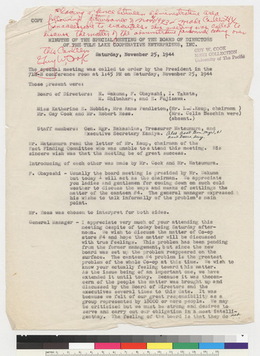 Tule Lake Cooperative Enterprises, Inc. Bd. of Directors---Minutes (11-25-44)