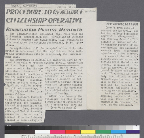 "Procedure to renounce citizenship operative" [clipping] (10-26-44)