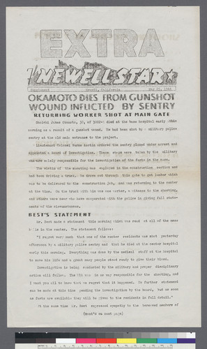 Extra, "Okamoto Dies from Gunshot Wound Inflicted by Sentry" (5-25-44)