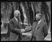 Leonard Butler Slosson shakes hands with Roscow Pound, Pasadena, 1930