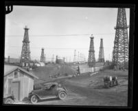 Oil field littered with oil well derricks in Inglewood, Calif., circa 1920