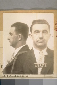George Costello @ Ernest Cambertoli. John Menlo. Jas. Burns. July 25.1928. In Holdup of West Oakland Branch of Oakland Bank, shot & killed. Had served 6 months San Francisco Co. Jail. chg. Simple assault. 4.25.1925. Arr. Seattle. Wash. in hold up of Nanaimo Bank. 4.19.1925. Escaped from King County Jail