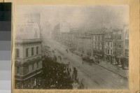 Looking East on Market St. from Mason St. at the time of the fire, April 18, 1906