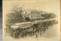 The first street cars from Oakland to Hayward in 1892. The cars arriving at Hayward