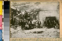 Vault in the Property Clerk's Office Police Dept. At the Hall of Justice S.E. cor. Washington & Kearny. Destroyed by fire April 18/06. In this group are Geo. Downey, Sam Daggett, John Freel [?], Geo. McMahon, Chas. Taylor, and Tom Linsey, April 24/06