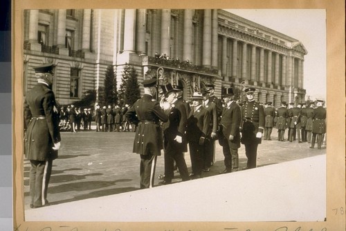 L. to R.: Capt. Wright - Mayor Jas. Rolph, Jr. - Capt. J.J. O'Meara, Com. - Theo. J. Roche, Com. - Jesse B. Cook, Com. - A.J. Mahoney - Capt. Lemon - Capt. Gleeson. Oct. 27/23