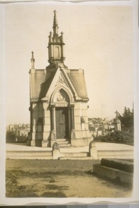 The vault of Senator Jas. G. Fair in Laurel Hill Cemetery. Jas. G. Fair was one of the richest men of his day in San Francisco. There is no inscription on the vault just his name. Photo taken March 3/29. Jas. G. Fair arrived in S.F. Calif. Aug. 1850