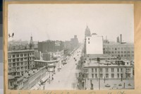 East on Market from Powell Sts. St. Ann Bldg., ruins of old Baldwin Hotel, Chronicle Bldg., Call Bldg., Emporium