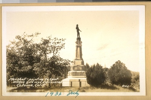 1936 July. Marshall - pointing to spot where gold was discovered, Coloma, Calif