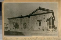 Lincoln School east side of 5th Street between Market and Mission in 1870. In back of School with dark building is the old State Normal School and the building with the clock is the St. Ignatius School in 1870. Turrill and Mill