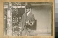 John McGilrey with the trowel that was used by Mayor Rolph to lay the cornerstone of the New City Hall, Van Ness and McAllister St