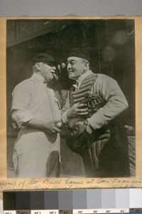 Opening of the Ball Game at San Francisco. At Mission & 14th St. April 5/21. Mayor Rolph and Chief of Police D.J. O'Brien as Pitcher & Catcher of the 1st game