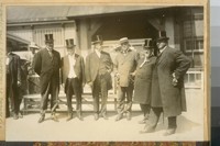 L to R: S.F. [San Francisco] Postmaster Chas. Fay, Rafael Weil--White House, S.F. Mayor Rolph Jr., Frank K. Lain of Pres. Wilson's Cabinet, Ex-Mayor Taylor, Ex-Supervisor Vogelsang, 1915