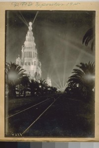 P.P.I. [Panama-Pacific International] Exposition. [Tower of Jewels and Avenue of Palms at night.]
