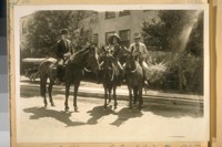 Desperadoes of California's Colorful History slipped from the "Pages of the Past" yesterday, Aug. 26/31, to entertain the Bay County Peace Officers Ass. at Sonoma Inn, Sonoma City, Sonoma Co., Calif. Left to right: George Sontag, Mr. Wm. Ferdon, Jaquin Murietta [Joaquin Murieta], Mr. Bernard Carr & Black Bart, Mr. J. O'Day