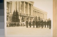 Nov. 3/28. [The annual inspection of the San Francisco] Police Dept. in front of the City Hall on the Polk St. side. Mayor Jas. Rolph Jr. inspecting an Officer