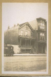 The oldest house in Hayes Valley. The lumber for this house came from New York City by way of Cape Horn in a sailing ship and put together on a lot where the Palace Hotel now stands in 1854 and in 1870 it was moved to the east side of Octavia St. bet. Oak & Fell Sts. or at 318 Octavia St. where it now stands. Photo taken May 15th 1929