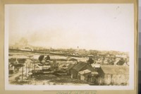 April 16th, 1929. From Silver Ave. and the cattle pens on the hill. Looking N.E. & showing the S.P.R.R. [Southern Pacific Railroad] trestle over the marsh lands. The P.G. & E. [Pacific Gas & Electric] gas tank, the sugar refinery, Butcher Town & a part of Bay View Dist