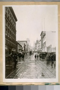 Looking West on Calif. St. from [?] St. Taken on May 7/26 after the car ran away from Powell St. down Calif. St. Hill, wrecking two Autoes [sic] and a Truck, also injuring a number of people, it also ran into another car that had stoped [sic] at Sansome
