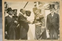 Arrival of German Cruiser Nurnberg 1914. Mayor Rolph shaking hands with the Commander
