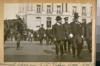 Annual Review S.F. [San Francisco] Police Dept. Oct. 1922. Left to Right: Theo. J. Roche, Pres. of Board - Mayor Jas. Rolph, Jr., and Chief of Police D.J. O'Brien in back Capt. H. Gleeson and Commissioner A. Mahoney