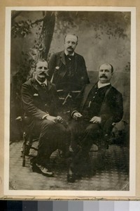 L. to R.: Frank Crockett of the S.F. [San Francisco] Fire Dept., Retired. W.F. Heavenire, Engineer, N.Y. [New York] Fire Dept., Retired. Batt. Chief N.Y. [New York] Fire Dept. Ben Gicquel, Retired, 1885