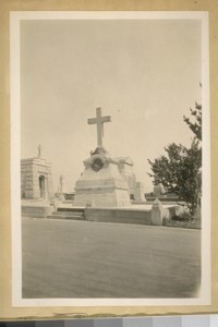 The tomb in Holy Cross Cemetery of Governor John G. Downey the 8th governor of Calif. Under the United States rule. He held office from Jany. 14th 1860 to Jany. 10th 1862. He was a Democrat. Born June 27th 1827 & died in Los Angeles on March 1st 1894. May 10th 1929