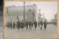 Funeral of Chief D.A. White. L to R: Mayor Rolph, Com. Theo J. Roche, Com. Jesse B. Cook, Com. Thos. E. Shumate, Com. Thos. Mahoney, Chief D. O'Brien, and Sect. Chas. F. Skelly
