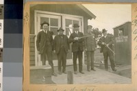 L. to R. Inspector of Autos S.F. [San Francisco] Police Dept. Lynch--Patrol Driver Samuels--Officer J. O'Heara--Patrol Driver J. Campbell and Officer H. Mallor at the Highway Auto Station. Mar. 1922