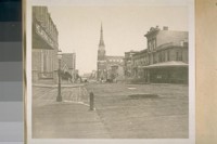 East on Post St. from Taylor St. about 1870. The Old Synagogue at the N. E. corner Post Taylor Sts. On the left and the 1st Congregational Church on the S. E. corner Post and Mason Sts
