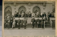 Grand Stand L to R : Mayor Jas. Rolph Jr., Commissioners Theo. J. Roche, Jesse B. Cook, Dr. Theo. Schmitte [Thos. Shumate?] and A. F. Mahon. Next Judge A. T. Barnett, Supervisors Alfred Roncovieri, Jack Barry, Charles F. Scully, Wild Bill Scott on the side