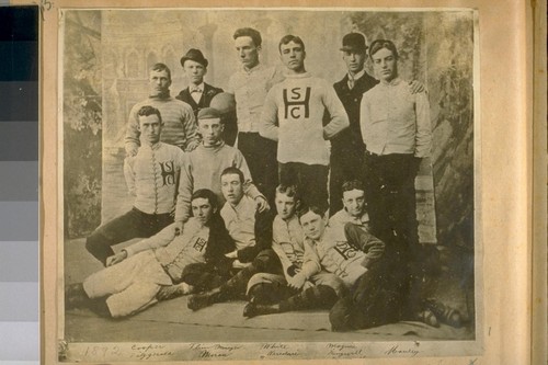 The Ball Team of Old Sacred Heart College, S. E. corner Eddy and Larkin Sts. In this photo is Sergt. of Police Flinn, chief of Police D. A. White and Attorney Jas. W. Hanley