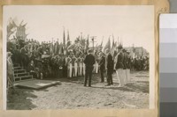 Nov. 11/26. Breaking the ground for the American Legion Building. West side of Van Ness Ave. bet. Grove & Fulton Sts. L. to R.: Eugene D. Bennett, Commander in charge - W.H. Crocker - Trustee and Pres. of the ceremonies, Mayor Chas. H. Kendricks