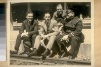 L to R: Tom Meighan [Thomas Meighan], movie star - Geo. O'Brien [actor George O'Brien], son of Chief O'Brien - Con Nagel [actor Conrad Nagel] and Chief of Police D.J. O'Brien, S.F.P. [San Francisco Police] Dept. May 13/22 [May 13, 1922]