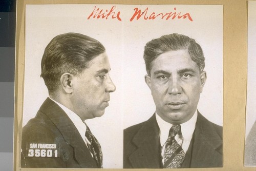 Mike Marina. #35601, aliases--Make Marena, Frank Peterson & George Gross. Age 35 yrs (in 1924)--5 ft. 7 1/4 ins.--186 lbs.--Brown eyes--Black hair--Native of Missouri--Occupation as clerk