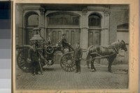 Engine Co. S. E. corner Drumm and Commercial Sts. 1889. Engineer Frank Crockett at the rear wheel