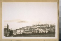 North from Larkin & Chestnut Sts. showing the top of the Spring Valley Reservoir, the Golden Gate Ferry Slip, one of the new dock at North Beach, also Angel Island, Alcatraz Island and a part of D. Ghirardelli's Works. June 4/29