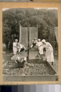 L. to R.: W. Duane - H. King - J. De Martini - Geo. Brown - G. Wallfisch, and in the sand, S.B. Fugazi [?]- San Francisco Lodge, B.P.O. Elks, #3. Feb. 1924