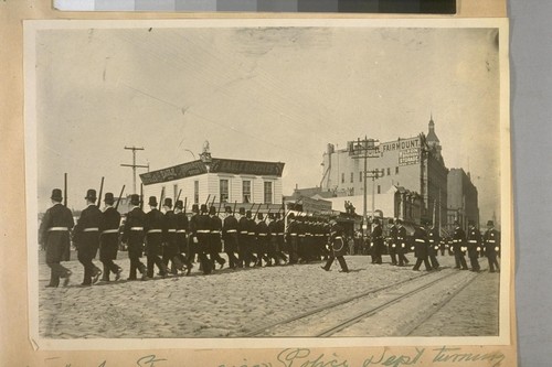 Co. A. San Francisco Police Dept. turning into Van Ness Ave. from Market St. 1898