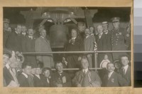 The arrival of the Liberty Bell. Mayor Rolph left and Gov. Johnson on the right of Bell at 12 a.m., 3rd and Townsend St. 1915