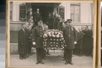 Funeral of Chief D.A. White. Left side from top down: Mark Noon, Sect. to State Prison Directors Justice Langdon, Supervisor's Hilmer, Powers, Judge Graham, Supervisor's Bath, Shannon and Power. Right side down: Supervisor Mulvahill, ?, Supervisor McLaran, Scott, Schmitz, Mc Sheehy, Wolf, Clerk to the Supervisor's J.S. Dunnigan
