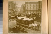 North from New Montgomery and Market Sts. 1876. The Building on the right is the Hibernia Bank and the one on the left is the Masonic Temple