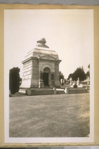 The tomb of Jas. Phelan in Holy Cross Cemetery. He died Dec. 23rd 1892. He was the father of Ex-Senator Jas. D. Phelan. Mr. Phelan was a pioneer of Calif. and arrived in San Francisco on Aug. 1849. His old home stood at the S.W. cor. 17th & Valencia. May 10th 1929