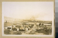 April 16th 1929. From Silver Ave. & the cattle pens on the hill. Looking north & showing S.P.R.R. [Southern Pacific Railroad] trestle over the marsh. The P.G. & E. [Pacific Gas & Electric] gas tank, the marsh, a part of the Potrero Hills and a part of Bay View Dist