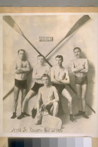 Left to Right: Geo. McGinness - Bow, John J. Nolan - Forward Waist, Nick Pendergas - after Waist, Hary Brennan - Stroke, Andy Carroll - Coxswain. Ariel, Jr. Regatta - May 30, 1895