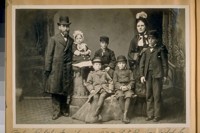 The Rolph family in 1875. L. to R.: Jas. Rolph, Sr., Miss Mildred Rolph - Wm. Rolph - Mrs. Jas. Rolph, Sr. - in front of her is Jas. Rolph, Jr. now our Mayor, and seated next to James is Ronald Rolph and then Geo. Rolph