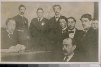 Simson and Dabner with his pipe thugs of 1906--Left to right: Judge E. Shortale, Police Officer Jack Attridge, Police Officer (not known), Police Officer J. Doyle, Capt. Thos. Duke, Simson and Dabner, Police Officer J. Rice. Tried and Convicted in Oakwood Hall corner Bush and Divisadero Sts. Hanged at San Quentin Prison