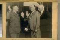 Feb. 23/28. L. to R.: Chief of Police D.J. O'Brien, Miss Madge Nutter, & Richard Cramer of the Curran Theater in a show called Broadway and Jesse B. Cook