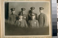 L. to R.: Standing H. Kellehir, F. Bowerman, E.J. Dutil, A.T. Hanson. Sitting: F. Lotsey and Lieut. J.C. Field, March 1924. S.F.P. [San Francisco Police] Depot