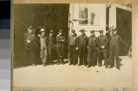 S.F. [San Francisco] Fire Dept., Engine Co. #4 - Water Tower #1 - Chemical Co. #1 - L. to R.: Jas. Brophy, Mike Brannan, James Gallagher, Chas. Haggerty, Lieut. Thos. Devine, Fred Phipps, Fred Schaffer, Martin Tehaney & Lieut. Jas. Bridgwood